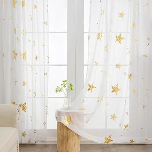 L.Z.E Gold and White Sheer Curtains 63 Inches Long 2 Panels Set for Living Room Nursery, Linen Look Kids Curtains with Cute Gold Star, Light Filtering Dual Rod Pocket Window Treatments