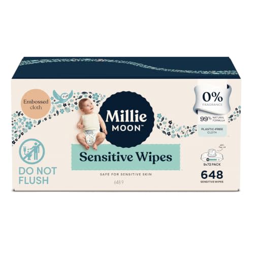 Millie Moons Sensitive Baby Wipes, Unscented, 648 Count (9 Packs of 72) | 99% natural formula, aloe avocado marigold, pH balanced, hypoallergenic, embossed plant-based cloth, pop-top lid
