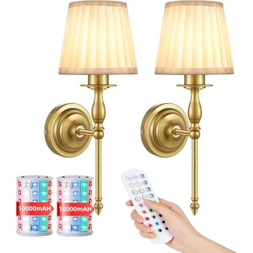 10000mAh Battery Operated Wall Sconce Set of 2,Rechargeable Wall Sconces set of Two,Vintage Gold Sconces Wall Decor,Wireless Wall Lamp,Cordless Wall Lights Living Room Bedroom (Not Peel and Stick on)
