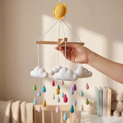 Crochet Clouds Raindrops Mobile, Rainbow Nursery Decor, Baby Shower Gift, Crib Decoration