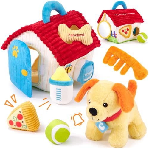 hahaland Baby Montessori Toys for 1 + Year Old – Puppy Plush Sensory Toy Set with Rattle, Crinkle, Mirror & Shape Sorter – Interactive Learning Pretend Play for Toddlers 1-3