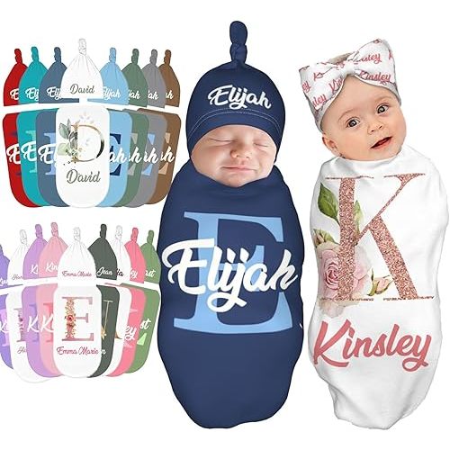 Swaddle and Hats Custom Baby Blankets for Girls Boys Blankets Baby Gifts Personalized Baby Items (Initial Style)