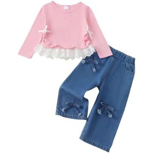 Kucnuzki Toddler Kids Girl Clothes Long Sleeve Shirt Tops Baggy Jeans Cute Pants Set Baby Girl Outfit 2 Piece Clothing