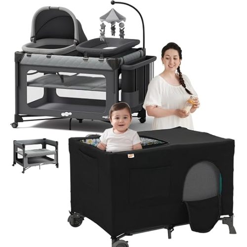 Pamo Babe 7 in 1 Pack and Play with Bassinet P9170L & Blackout Cover