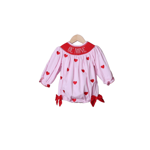 Smocked Be Mine Embroidered Heart Pink Bow Bubble