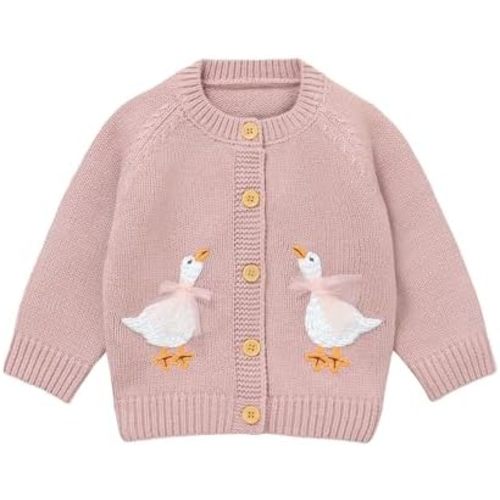 DovFanny Baby Toddler Girl Cardigan Warm Sweater Floral Long Sleeve Jumpers Coats Knitted Clothes with Cute Goose