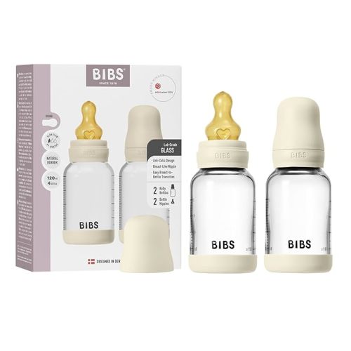 BIBS Glass Baby Bottle, 120 ml, 2-Pack, Natural Rubber Nipple, Ivory