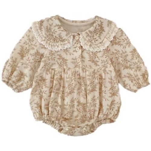 Baby Girl Vintage Floral Romper Lace Peter Pan Collar Long Sleeve Bodysuit Cute Jumpsuit One Piece Outfit