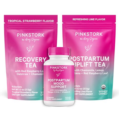Pink Stork Postpartum Essentials Kit – Hormone Balance, Recovery & Mood Support for New Moms – Postnatal Vitamins Ashwagandha + Herbal Teas for Stress Relief, Energy, Sleep – Gift Set – Vegan, Organic