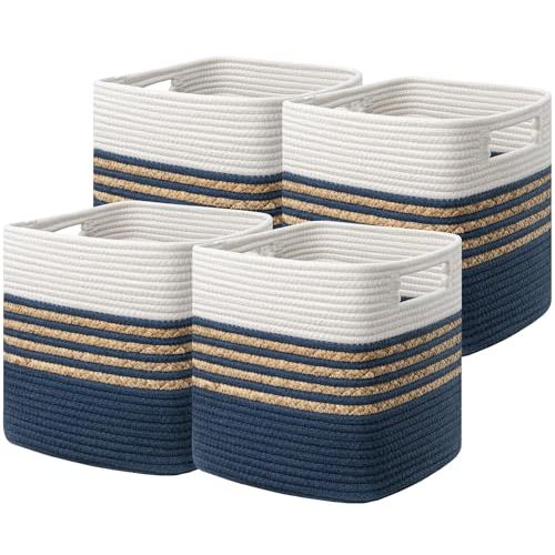 UBBCARE Set of 4 Storage Cubes 11 X 10.5 X 10.5 in, Water Hyacinth Storage Bins for Shelves, Toys, Books, Organizing Baskets with Handles, Cotton Rope Woven Baskets, Blue