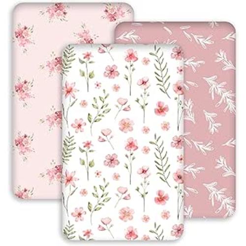 Bassinet Sheets 33x20 for Baby Delight, Newton,Airclub,Maxi Cosi,Angelbliss,Dream on Me,Mika,Harppa,Amke,ezebaby Rectangle Bassinet Mattress - Pink Floral 3 Pack Girl