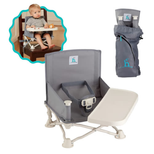 Hiccapop OmniBoost Travel Booster Seat with Tray for Baby, Dining Table, Camping, Beach, Grandma’s | Folding Portable Tip-Free Design Straps to Kitchen Chairs