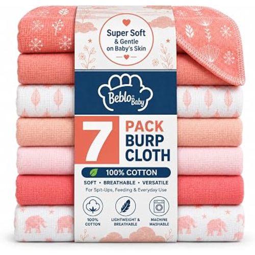Baby Burp Cloths for Boys and Girls - 7 Pack Large 100% Cotton - Double Layered Extra Absorbent Burp Rags, (Pink, 7 Pack)