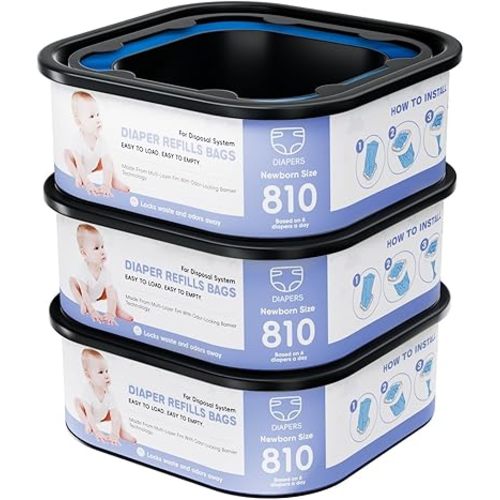 Square Refills Disposal Bags Refill Compatible with for Diaper Gen.ie Compact, Select (Not Fit Classic Version Pails), Hold Up to 810 Newborn-Sized Diapers Per Refill. (3 Packs)