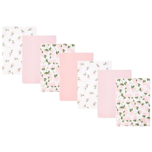 Hudson Baby Infant Girls Cotton Flannel Burp Cloths 7-Pack, Pink Peony, One Size