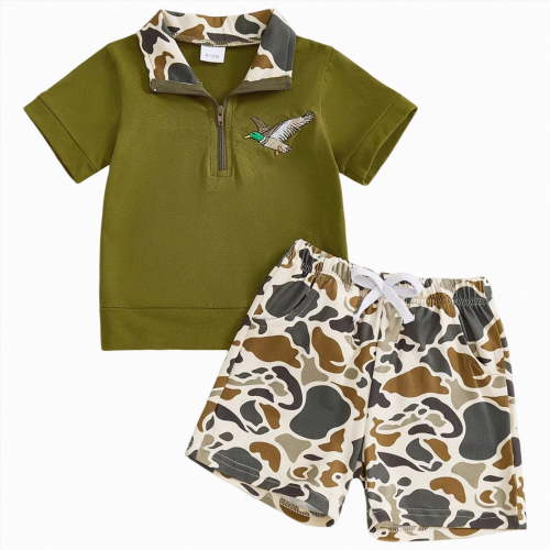 mgoYE Baby Boy Clothes 6-9 Months Toddler Baby Boy Summer Clothes Retro Camo Hunting Shirts Polo T-Shirt + Camouflage Shorts Set 6 12 18 24 Months(Green,0-6 Months)