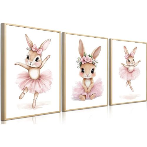 Easter Bunny Nursery Wall Art Set of 3, Baby Girl Nursery Posters Wall Decor Paintings, Cute Animal Pink Bunny Canvas Poster Prints Pictures for Boys and Girls Room, Bedroom 12x16 In Unframed