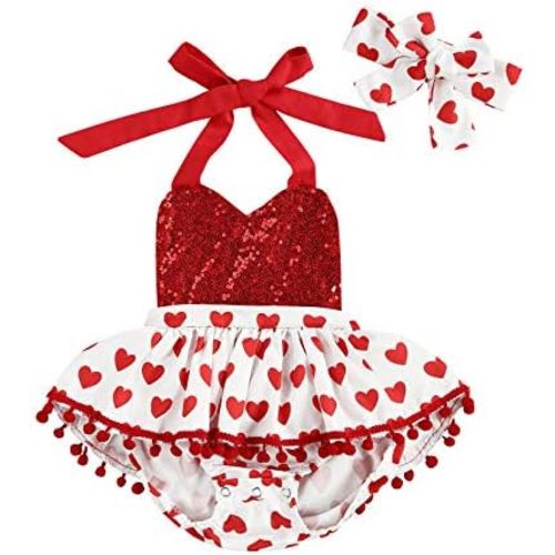 Newborn Baby Girl Valentine's Day Outfit Flutter Sleeve Heart Print Tutu Romper Dress Headband 2Pcs Clothes Set