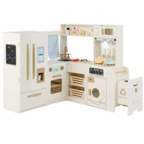 Costway Corner Play Kitchen with Lights & Sounds Wooden Toy Kitchen Set Storage for Ages 3+ Beige/Brown/Pink