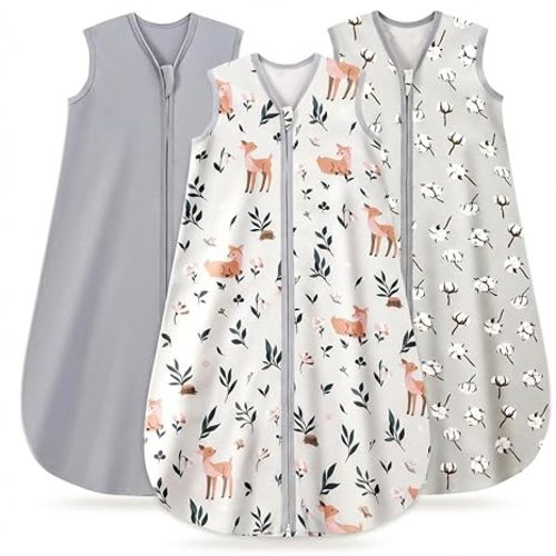 3 Pack Baby Sleep Sack 6-12 Months 100% Organic Cotton, 0.5 TOG Lightweight Wearable Blanket, 2-Way Zipper Sleeping Bag, Cotton&Fawn&Grey