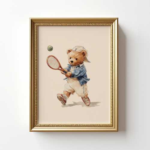 Vintage Tennis Teddy Bear Wall Art, Watercolor Illustration of a Bear Playing Tennis, Retro Decor for Kids Room, Nursery, or Sports Fans