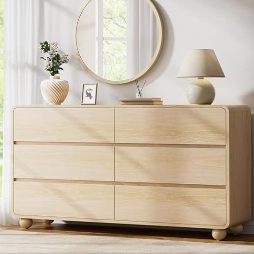 Lulive Wood Dresser for Bedroom, 53” Wide Chest of Drawers with 6 Drawers, Modern Closet Storage Drawer with Curved Profile Design for Living Room, Hallway, Entryway, Natural