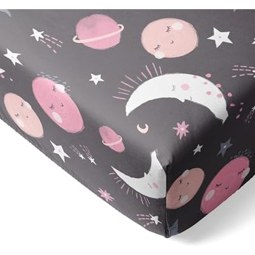 Little Sleepies Crib Sheet for Toddler Bed, Pink to the Moon & Back