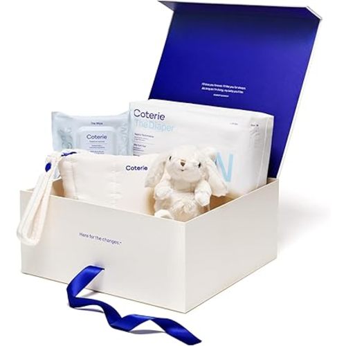 Coterie The Newborn Gift Set, Size Newborn Diapers (31 Count) & Size 1 (33 Count), 1 Travel Size Pack Baby Wipes (18 Count), Plant Based Materials, Hypoallergenic for Sensitive Skin, Baby Essentials