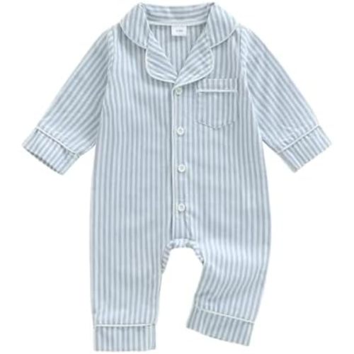 FIOMVA Baby Girl Boy Onepiece Romper Fall Winter Clothes Outfits Long Sleeve Striped Button Down Jumpsuit Onesie Pjs