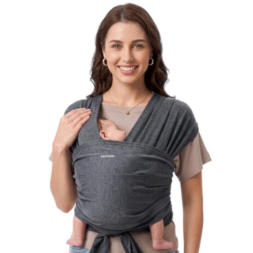 Momcozy Baby Wrap Carrier, Easy-On 2-Piece Design, Newborn to 33 lb | Easy On Like a T-Shirt, XXS-XXL Adjustable Fit, IHDI Hip-Healthy, Lightweight Hands-Free Comfort Baby Sling, Deep Grey