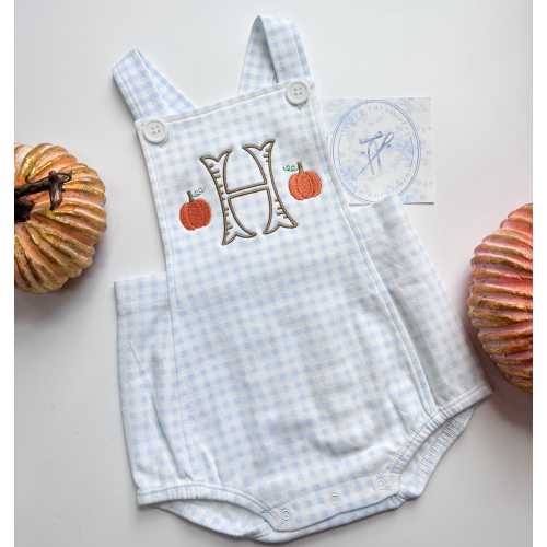 Embroidered Pumpkin Monogram Baby Boy Romper, Blue Gingham Fall Outfit