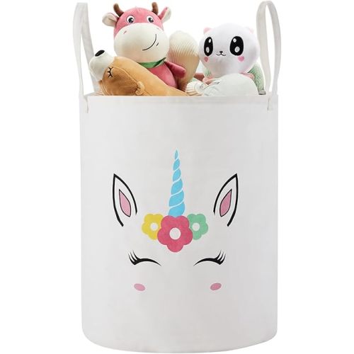 TECHMILLY Large Storage Basket for Girls and Boys, Collapsible Laundry Hamper with Long Handles, Toy Bins for Nursery, Kids Room Décor