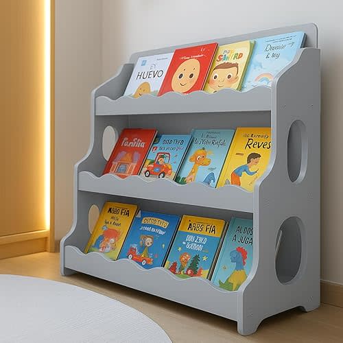 Kids Bookshelf Wooden Montessori Book Shelf Dutch Design 3Tier Scalloped,TranquilGrey