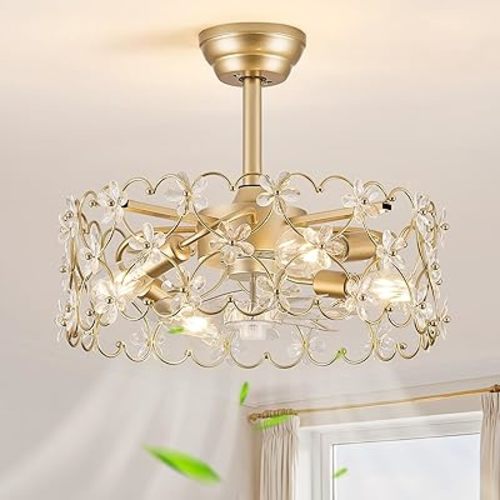 20" Gold Caged Ceiling Fan with Light and Remote Control Flower Crystal Chandelier Ceiling Fan Boho Fandelier for Girl's Bedroom，Nursery，Living Room（Enclosed 6 Speeds Height Adjustment）