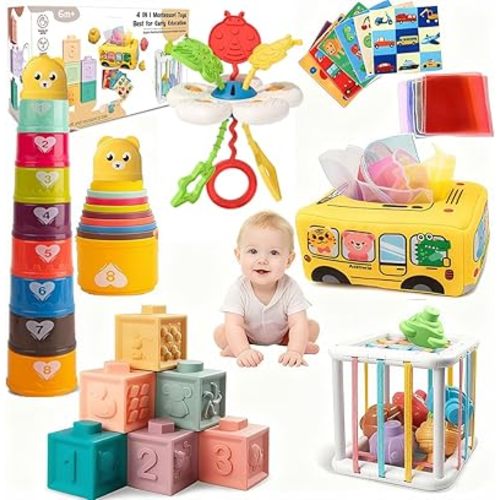 Baby Toys 6-12 Months, Montessori Toys for 1 Year Old, Silicone Pull String Teether Toy, Stacking Building Blocks Infant Toddler Toy 0-3, Shape Bin Sensory, Baby Boys&Girls Gifts Set