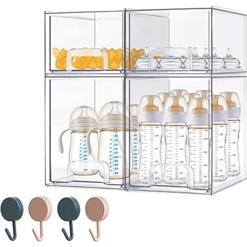 Baby Bottle Organizer-4 Pack Stackable Storage Drawers, Baby Organizers and Storage with Hooks, Clear Acrylic Multipurpose Bottle Storage for Countertop,Kitchen,Cabinet,Vanity,Bathroom