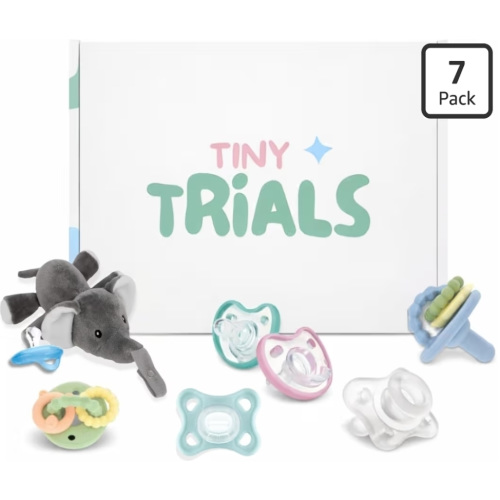 Pacifier Trial Pack Variety Box for Newborns 0–6 Months – 7 BPA-Free Silicone Baby Pacifiers Sample Set (MAM, Nuby, Dr. Talbot’s, Chicco) – Baby Registry Must-Have, Tiny Trials