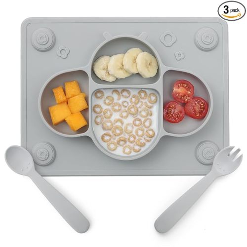 ROCCED Suction Plates for Baby Placemat Spoon Fork Set for Toddlers, Silicone Baby Plates with Suction Baby Dishes for Kids Plates-grey