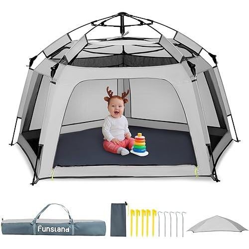 Baby Playpen Pop-up Tent - Outdoor & Indoor Play Tent for Beach with Canopy Travel Bag Portable Play Yard for Babies & Toddlers (Gray)