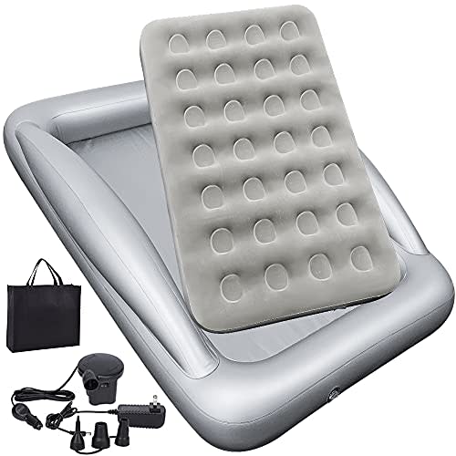 Inflatable Kids Travel Bed Toddler Air Mattress Set,Portable Blow Up Mattress Sleeping Bed Cot with Bed Rails and Electric Pump Ideal for Road Trip