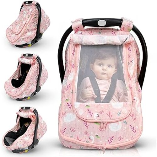 Car Seat Cover for Babies with 100% Cotton Muslin Material | Breathable Carseat Cover for Boys and Girls | Infant Car Seat Canopy for Boys and Girls (Flamingo)