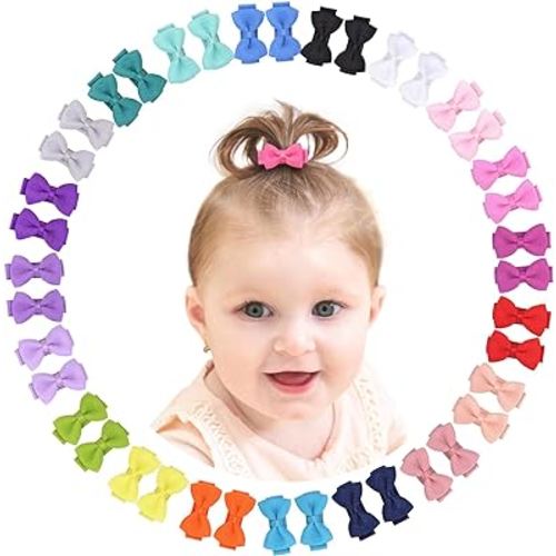 Grosgrain Ribbon Hair Bows Clips for Infant Girls - Fully Lined Mini Bows in 20 Color Pairs, Set of 40 (1.2" Tiny Clips)