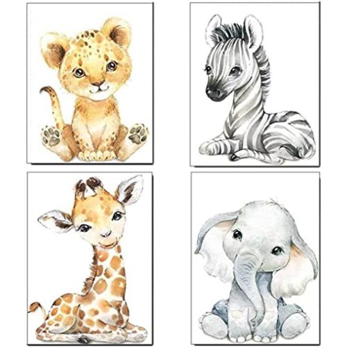 Baby Watercolor Animals Wall Art Prints Set of 4 (8x10,Unframed),Tiger Elephant Zebra Giraffe Safari Animals Pictures Nursery Decor Art