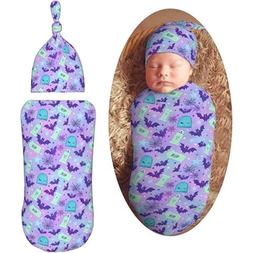 Purple Gothic Bats Newborn Swaddle Blankets Hat Sets Soft Baby Receiving Blanket Swaddle Sack for Baby Shower Infant Boy Girl Gift