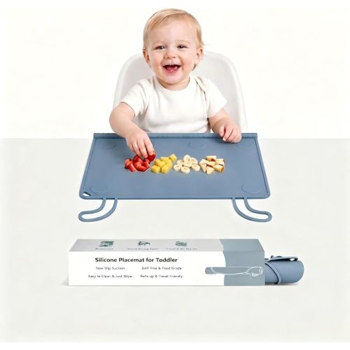 Silicone Placemat for Baby Eating: 3 Second Wipe Clean & 5 Second Roll Up in Diaper Bag - Non-Slip Tabletop Mat for Restaurant/Travel/On-The-Go (Green)