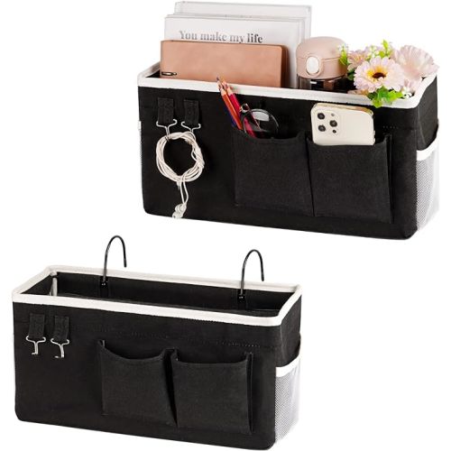 Bedside Storage Caddy/Bedside Hanging Storage Bag for Headboards Bunk Beds Dorm Rooms Book Phone Magazine Holder (2PC Black)