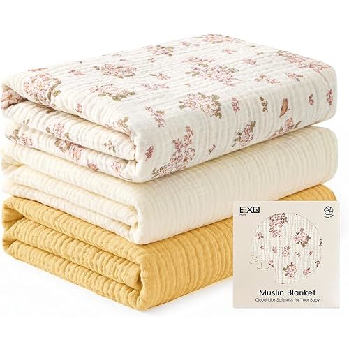 EXQ Home Muslin Swaddle Blankets for Baby, 3 Pack Cotton Breathable Soft Receiving Blankets for Newborn Boys and Girls, Baby Essentials & Gift, 38x40 inches(Floral)