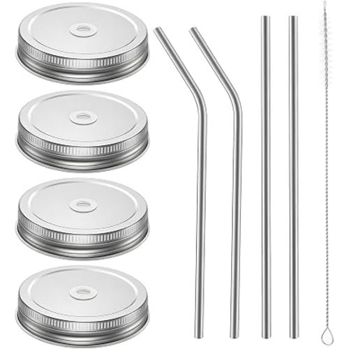 9 PCS Stainless Steel Mason Jar Lids with Straw Hole, Reusable Mason Jar Drinking Lids Metal Regular Mouth Canning Lid Storage Covers Caps with Silicone Ring and Cleaning Straws for Juices Milk, Tea