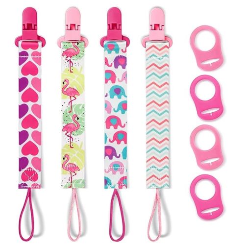 4 Pack Pacifier Holder Clips for Girls, Dummy Clips Girls with Adapters, Silicone Binky Clips for Baby Teething Toys Baby Shower