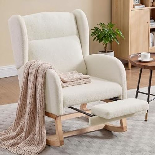 Nursery Rocking Chair with Footrest, Teddy Glider Chair, Ivory